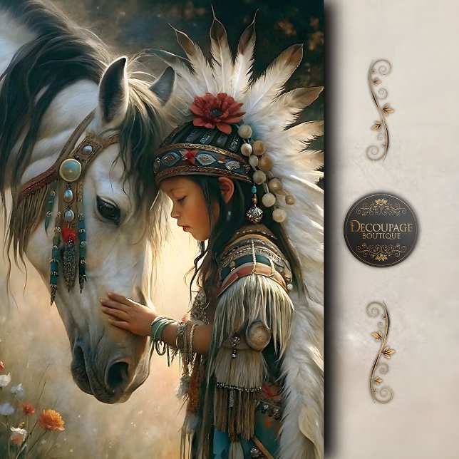 Papier Mousseline Fille indigène au cheval blanc découpage (Native Girl with White Horse)