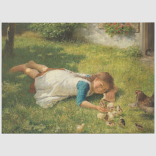 Papier Mousseline Fille Jouer avec des poules (poule et poulet)