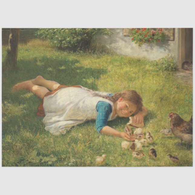 Papier Mousseline Fille Jouer avec des poules (poule et poulet) (Recto)