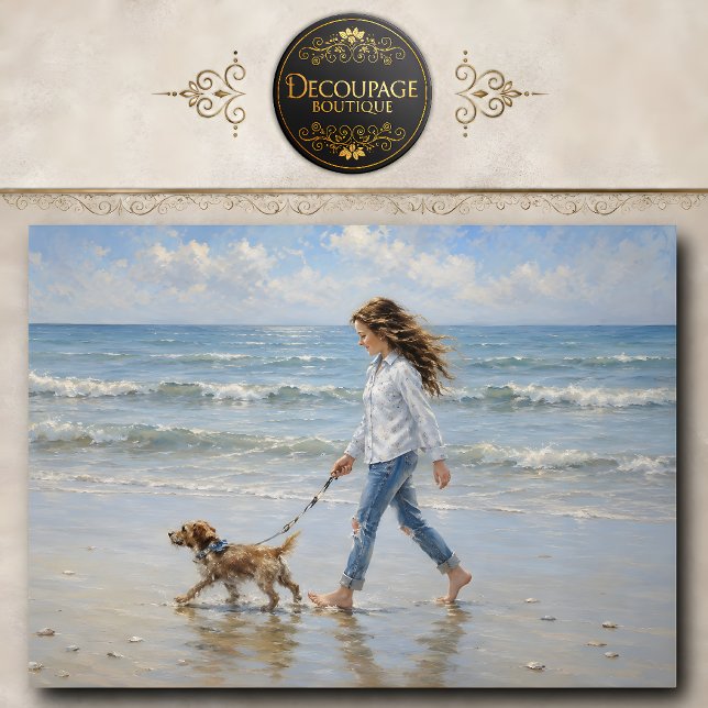 Papier Mousseline Fille marchant son chien découpage de plage (Girl Walking Dog Beach Decoupage Tissue Paper)