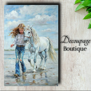Papier Mousseline Fille Marche Cheval Blanc Découpe de Ferme de Plag