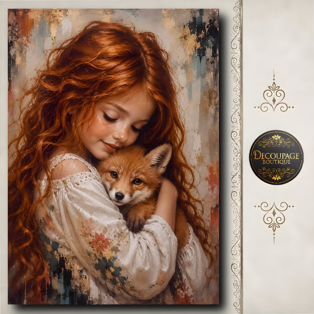 Papier Mousseline Fille rousse bébé renard découpage (Redhead Girl Baby Fox Decoupage Tissue Paper)