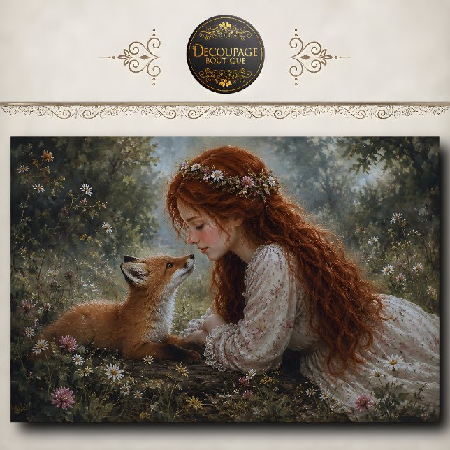 Papier Mousseline Fille rousse Fox Meadow Decoupage (Redhead girl Fox Meadow Decoupage Tissue Paper)