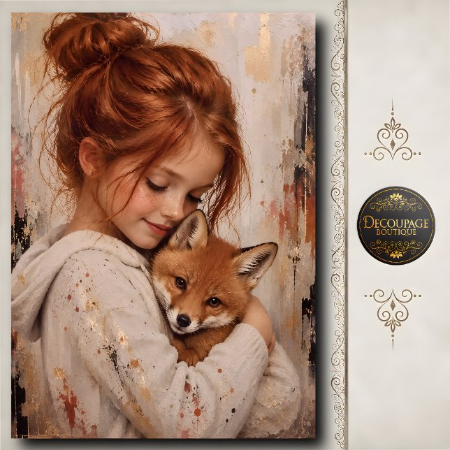 Papier Mousseline Fille rousse renard découpage (Redhead Girl Fox Decoupage Tissue Paper)