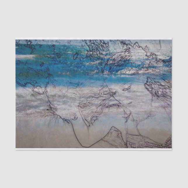 Papier Mousseline Fille Sirène Bleu Blanc Nautique Vagues Océan (Recto)