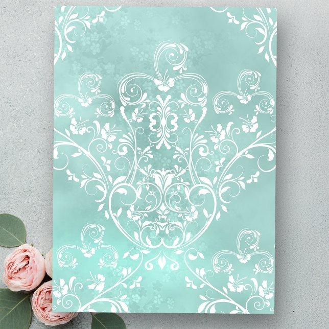 Papier Mousseline Fils blancs ornés sur Pastel Turquoise Floral (Créateur téléchargé)