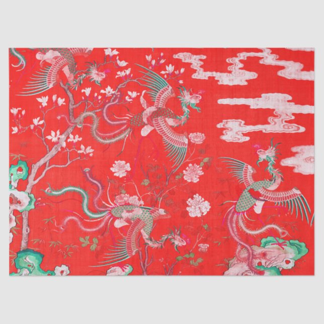 Papier Mousseline Five Phoenixes in Garden Chinese Red Floral  (Recto)