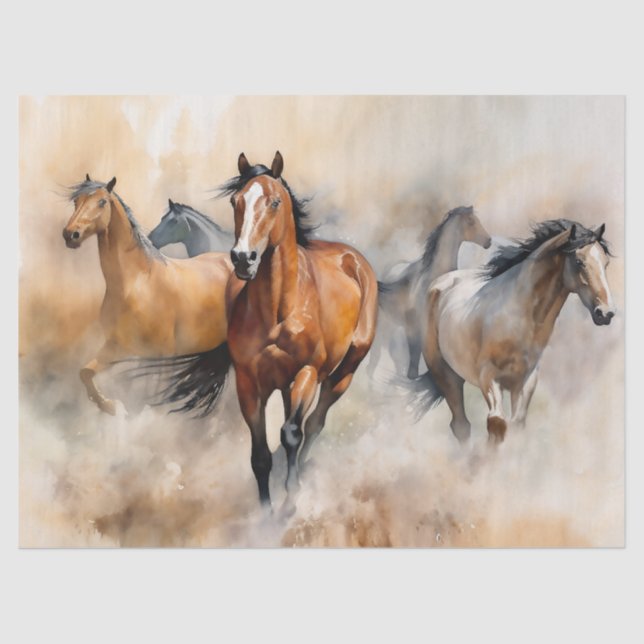 Papier Mousseline "Five Wild Mustangs" Aquarelle Occidentale Dusty (Recto)