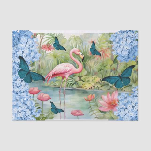 Papier Mousseline Flamant rose et papillons d'aquarelle tropicale (Recto)