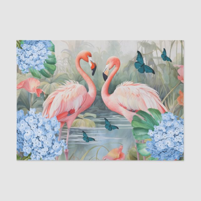 Papier Mousseline Flamant rose et papillons d'aquarelle tropicale (Recto)