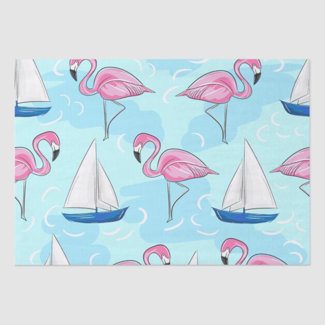 Papier Mousseline Flamant rose rose Blue Voilier Preppy (Recto)