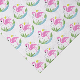 Papier Mousseline Flamant Rose Tropical dans l'Eau, Soleil, Nuages