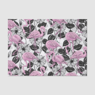 Papier Mousseline Flamants roses et fleurs d'hibiscus