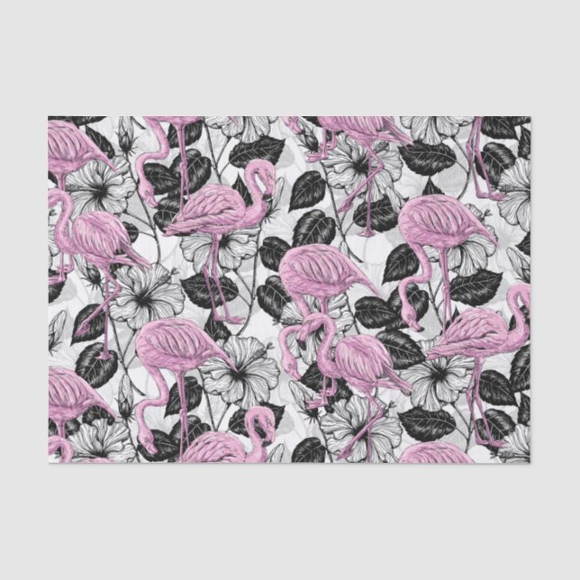 Papier Mousseline Flamants roses et fleurs d'hibiscus (Recto)