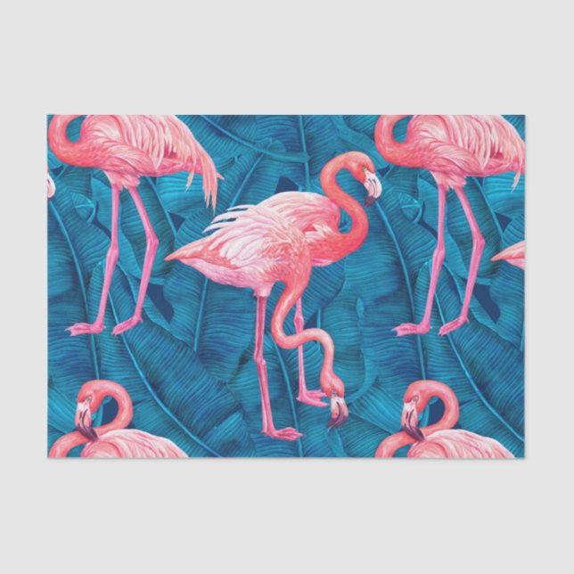 Papier Mousseline Flamants roses sur feuilles de bananes bleues (Recto)