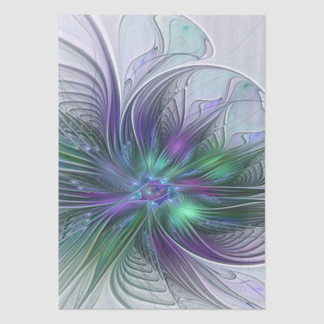 Papier Mousseline Fleur Abstraite Moderne Fractale Verte Violette (Recto)