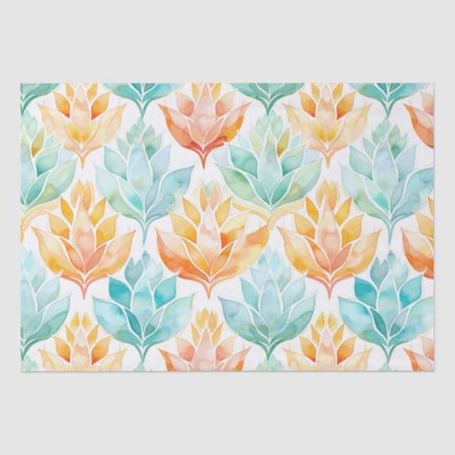 Papier Mousseline Fleur abstraite turquoise mandarine (Recto)