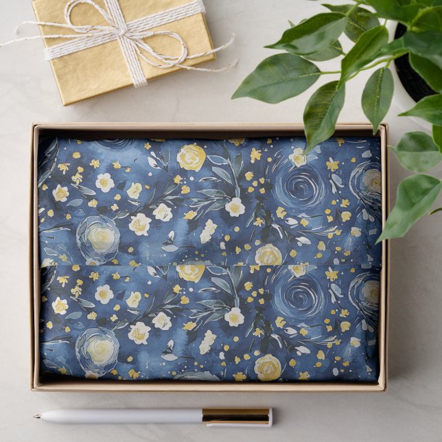Papier Mousseline Fleur Bleu Jaune (Cadeau)