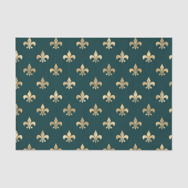 Papier Mousseline Fleur-de-lis sarcelle et or (Recto)