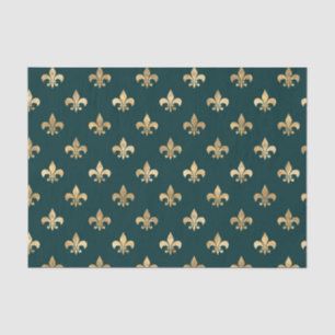 Papier Mousseline Fleur de lis turquoise et or