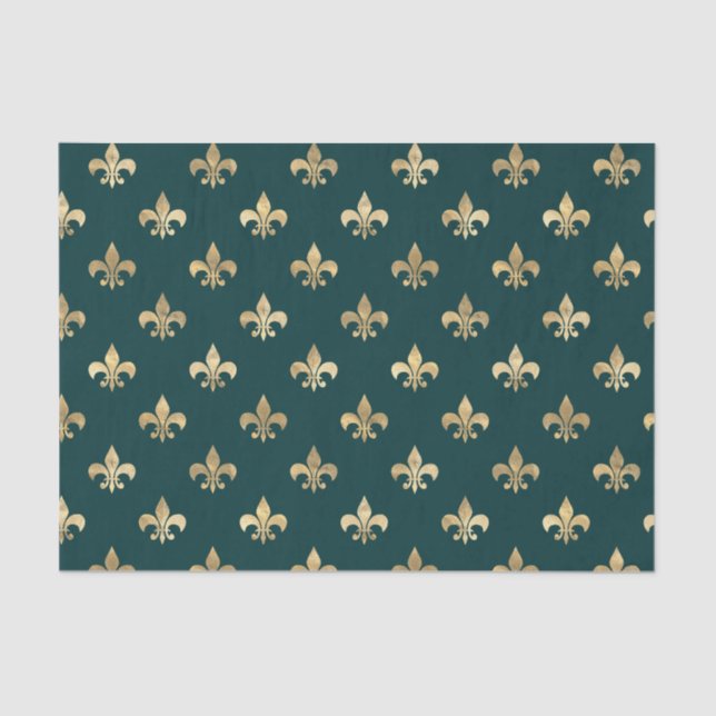 Papier Mousseline Fleur de lis turquoise et or (Recto)