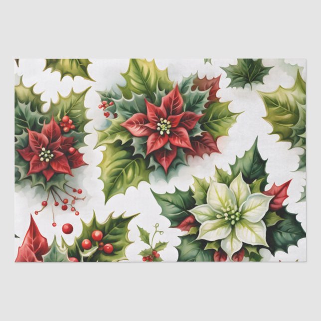 Papier Mousseline Fleur de Noël Vert et Rouge (Recto)