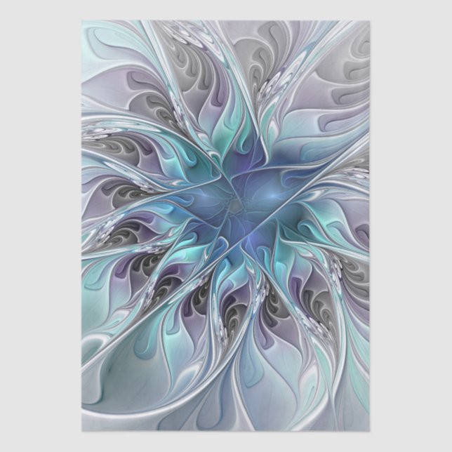Papier Mousseline Fleur fractale moderne abstraite avec du bleu (Recto)