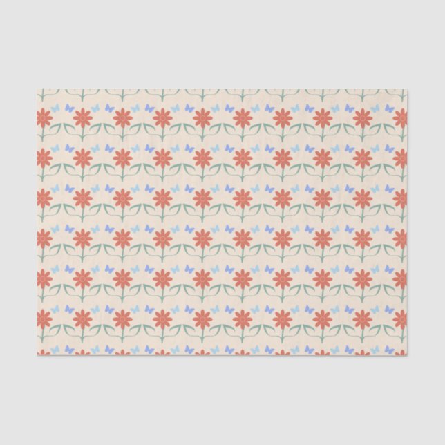 Papier Mousseline Fleur orange et papillons bleus (Recto)