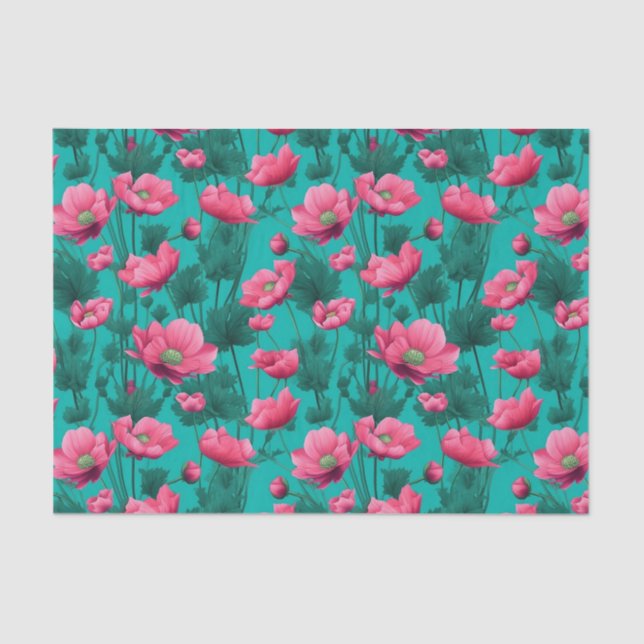 Papier Mousseline Fleur rose avec Découpage Arrière - plan Turquoise (Recto)
