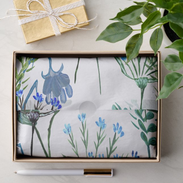 Papier Mousseline Fleur sauvage aquarelle bleu vert  (Cadeau)