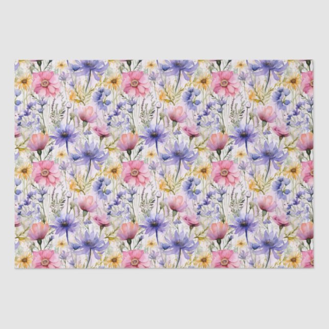 Papier Mousseline Fleur sauvage rose  bleu rose motif floral (Recto)