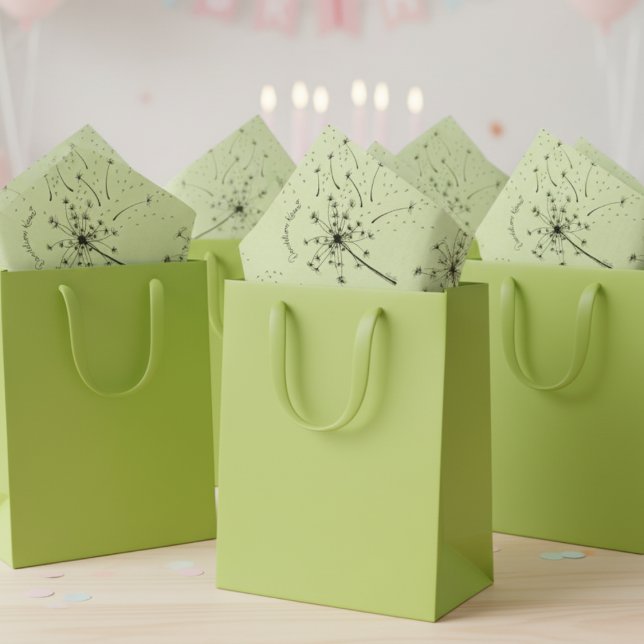 Papier Mousseline Fleur sauvage verte délicate Baisers de pissenlit  (Elegant & Rustic Dandelion Kisses Nature Birthday Pastel Lime Green Dandelion Tissue Paper For Her)