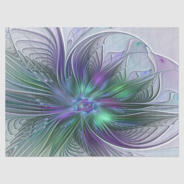Papier Mousseline Fleur verte abstraite moderne fractale violette (Recto)