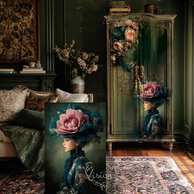 Papier Mousseline Fleur victorienne, Portrait d'Imaginaire, Couture  (Emerald Green Victorian Girl Dark Moody Romantic Portrait Art and Floral Hat, Decoupage Tissue Paper)