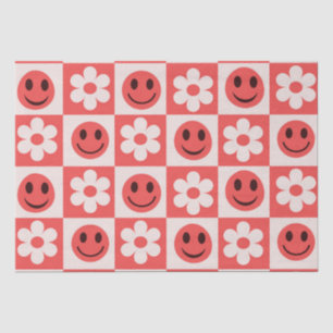 Papier Mousseline Fleurs À damiers et visages heureux rouge