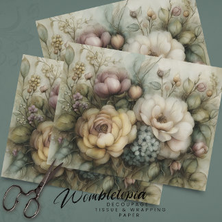 Papier Mousseline Fleurs Antiques Romantiques en Découpage Jaune Ble