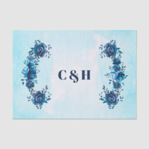 Papier Mousseline Fleurs Aquarelle Bleu Indigo Mariage Floral