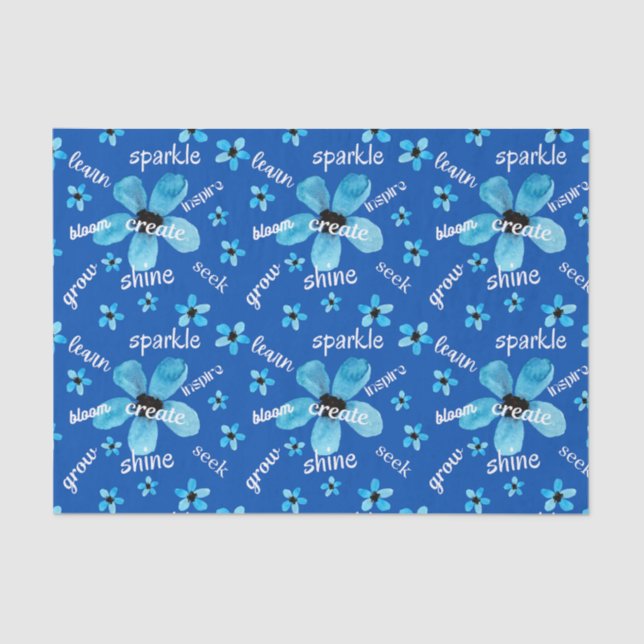 Papier Mousseline Fleurs aquarelle bleue avec affirmations (Recto)