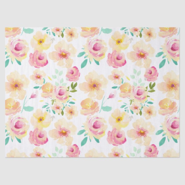Papier Mousseline Fleurs Aquarelle Jaune Jolie Rose (Recto)