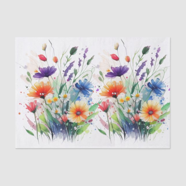 Papier Mousseline Fleurs aquarelle orange violet rouge bleu (Recto)