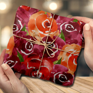 Papier Mousseline Fleurs aquarelle rouge orange clairet