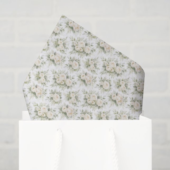 Papier Mousseline Fleurs aquarelles blanches et crème pour mariage e (Sac cadeau)