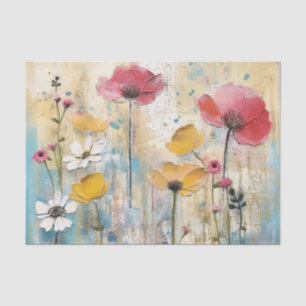 Papier Mousseline Fleurs aquarelles grandes rose foncé et jaunes
