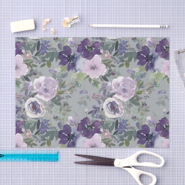 Papier Mousseline Fleurs aquarelles violettes (Artisanat)