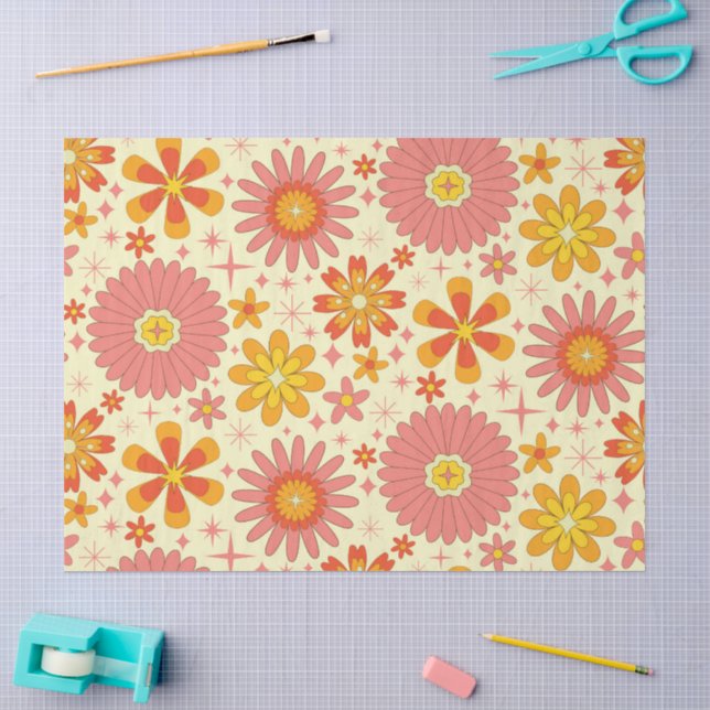Papier Mousseline Fleurs atomiques rétro avec explosions d'étoiles s (Artisanat)