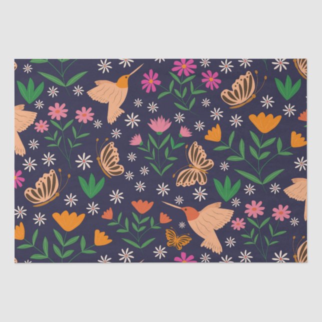 Papier Mousseline Fleurs avec colibris et papillons (Recto)