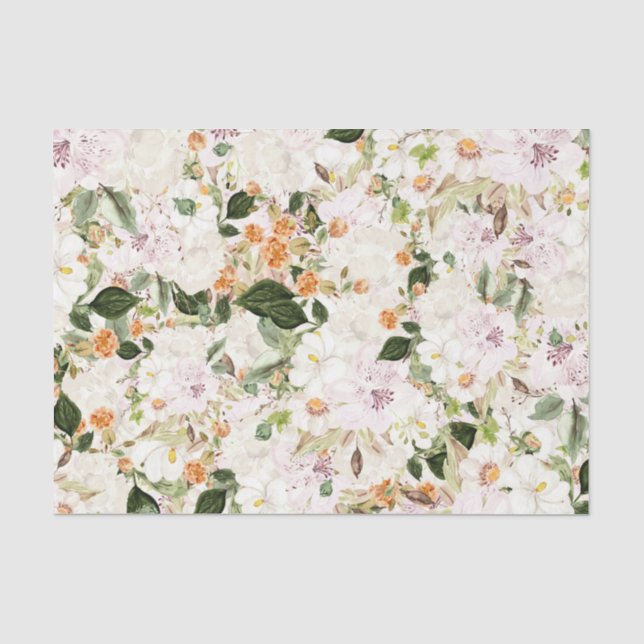 Papier Mousseline Fleurs blanches avec feuilles vertes (Recto)