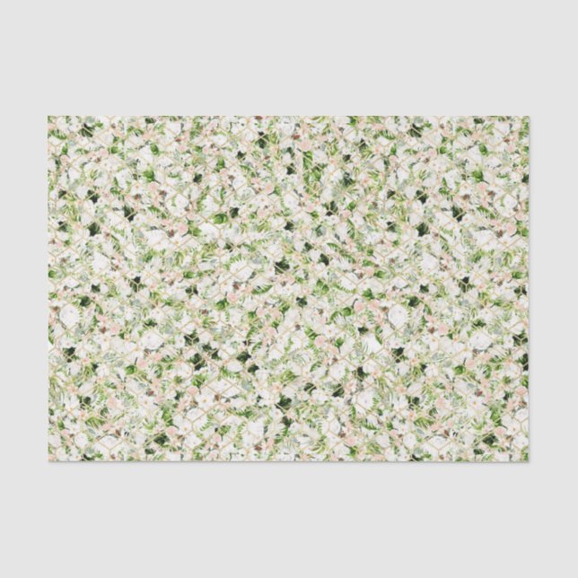 Papier Mousseline Fleurs blanches avec feuilles vertes 2 (Recto)