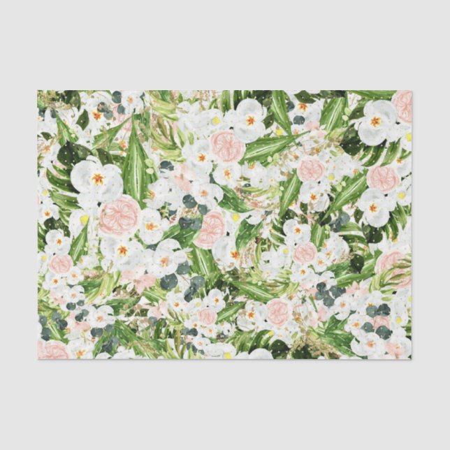 Papier Mousseline Fleurs blanches avec feuilles vertes 3 (Recto)