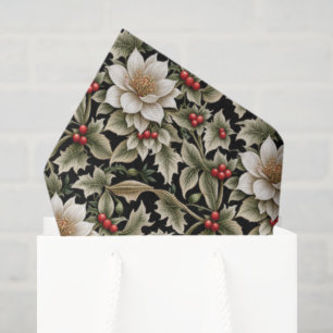 Papier Mousseline Fleurs blanches avec houx et baies rouges